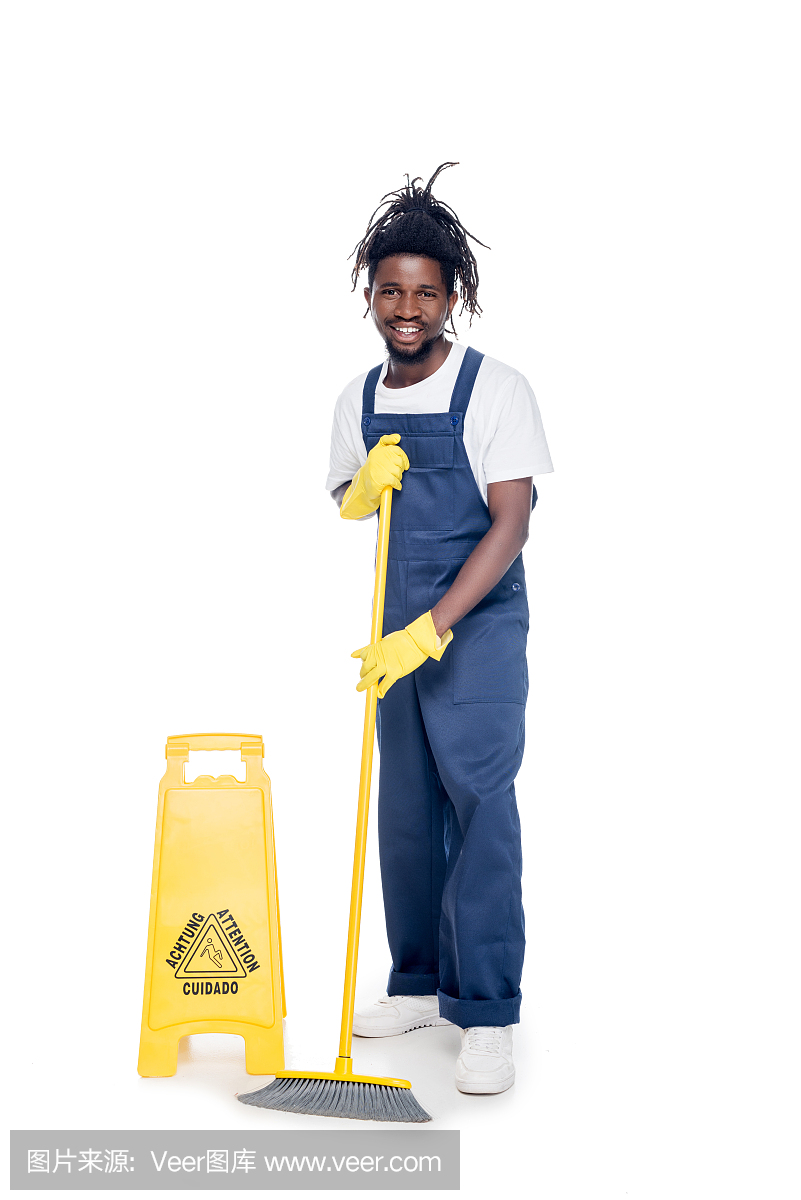 非裔美国清洁工,带清洁设备