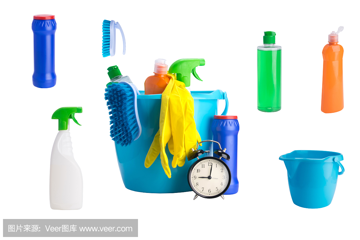 贴画的多色瓶子清洁产品的白色背景和一个黑色的闹钟